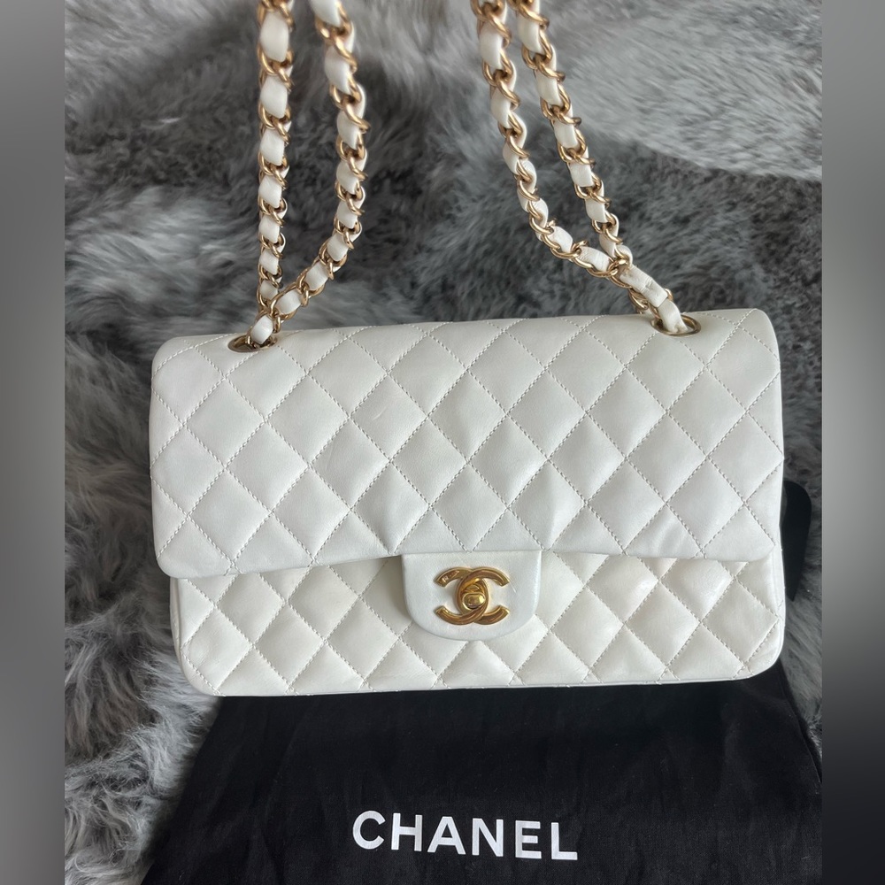 Chanel Classic Ivory White Quilted Lambskin Gold Hardware Medium Double Flap Bag
